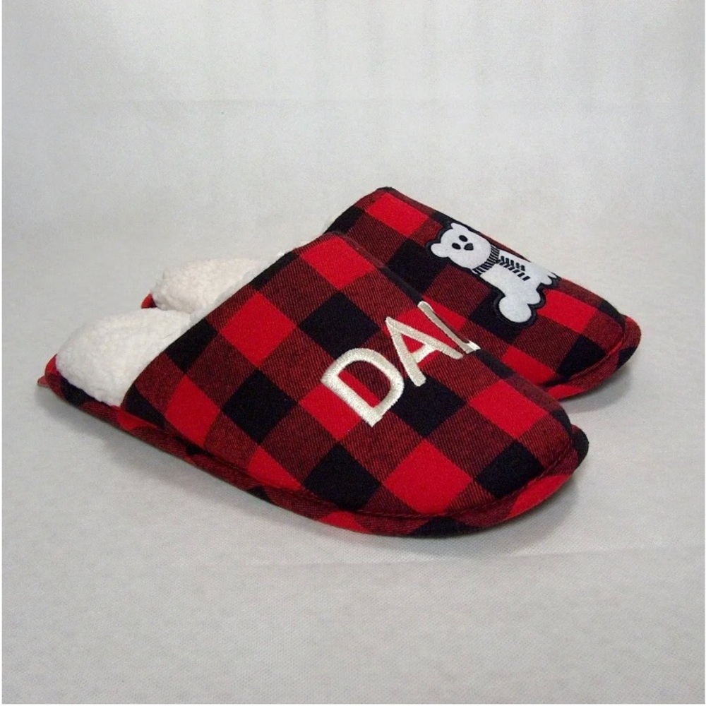 Christmas Men Slippers Dad Polar Bear Black/Red Plaid Sherpa Lined